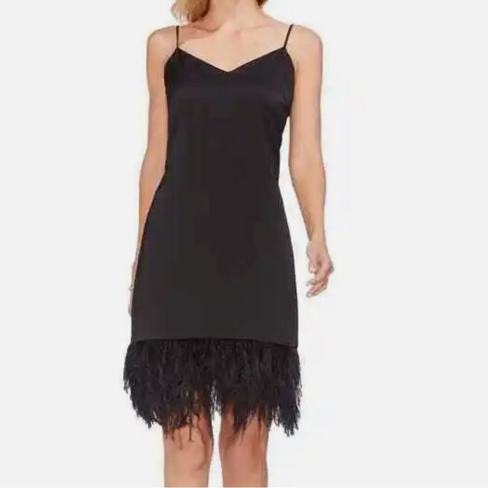 VINCE CAMUTO LBD SILK MINI DRESS WITH FEATHER TRIM